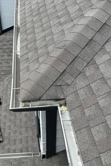 Shingle roof with gutter runs and a roof valley seen from above, gutter cleaning in Libertyville, IL